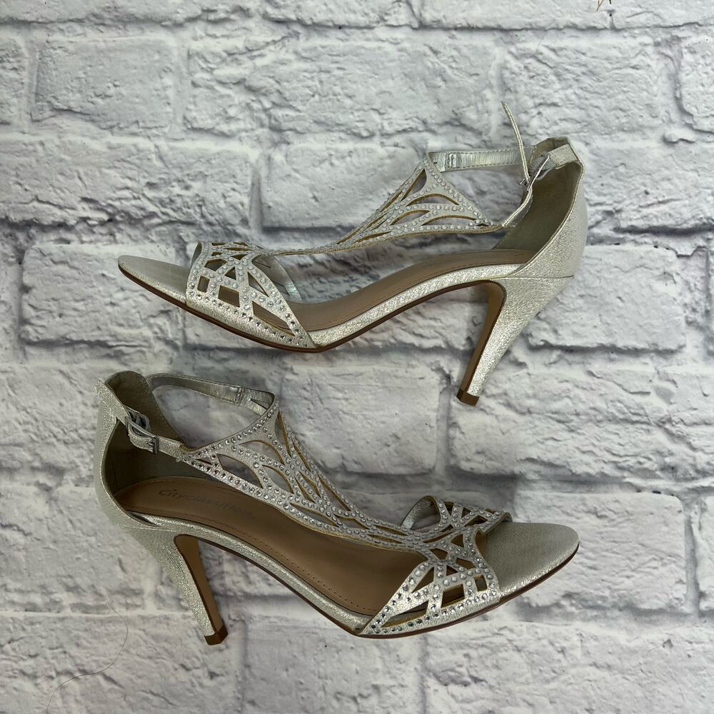 City Classified Womens Maggie Rhinestone Formal Heel Silver Size 9 Ankle Strap - Picture 4 of 8